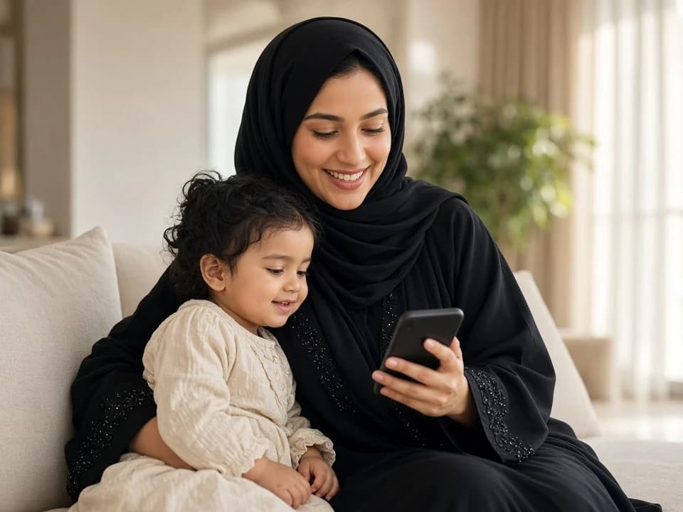 A mother sits outside beside her child's stroller, smiling at a reply on her phone in soft daylight.