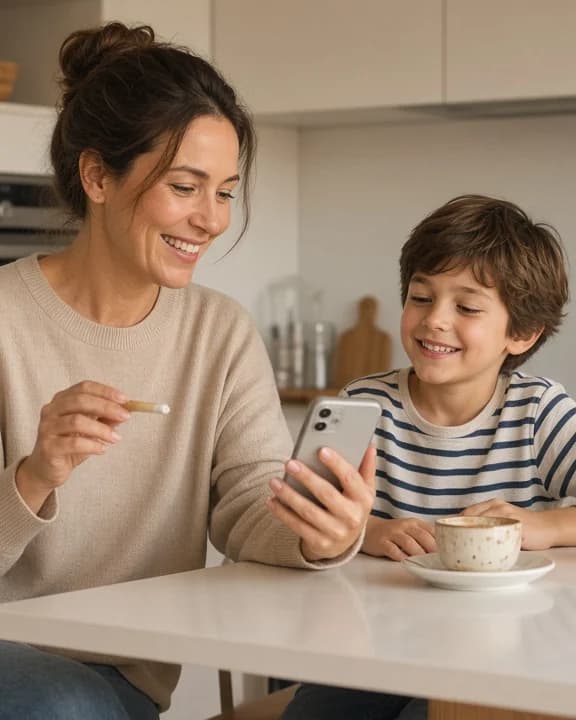 A mother smiles at her phone at the kitchen table while her young son eats breakfast beside her.