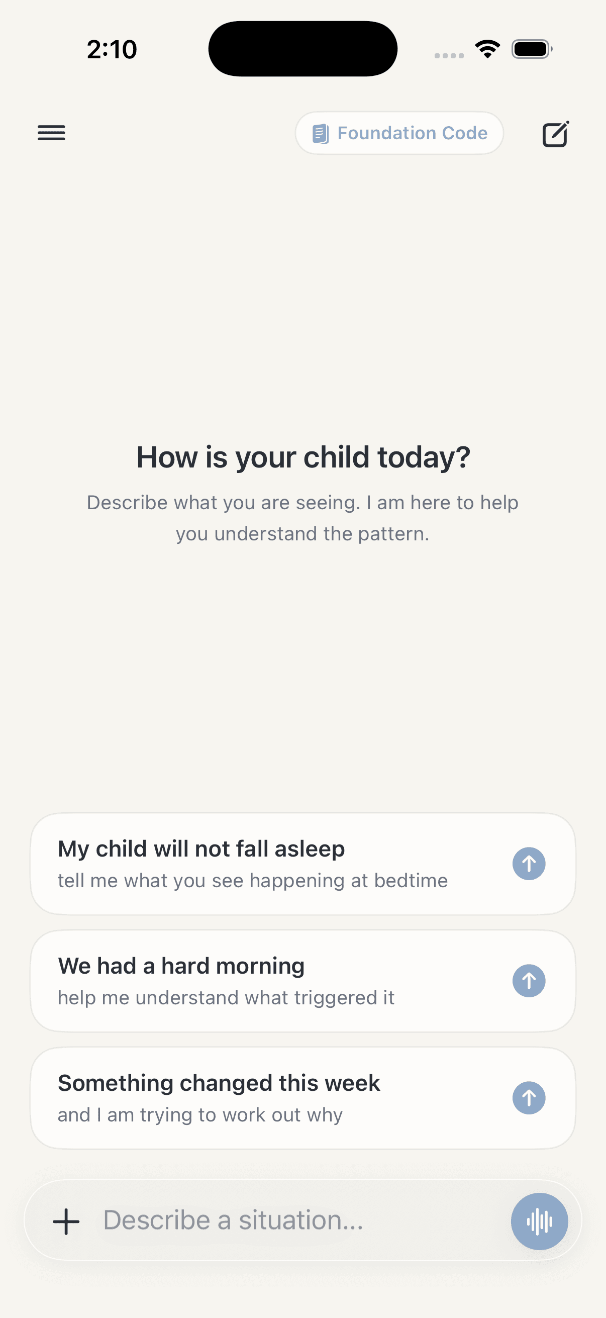 The Lifeline home screen with example situations.